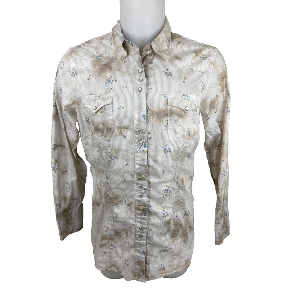 Roper Women XL Tan Floral Pearl Snap Shirt Embroidered Tapered Fit Western